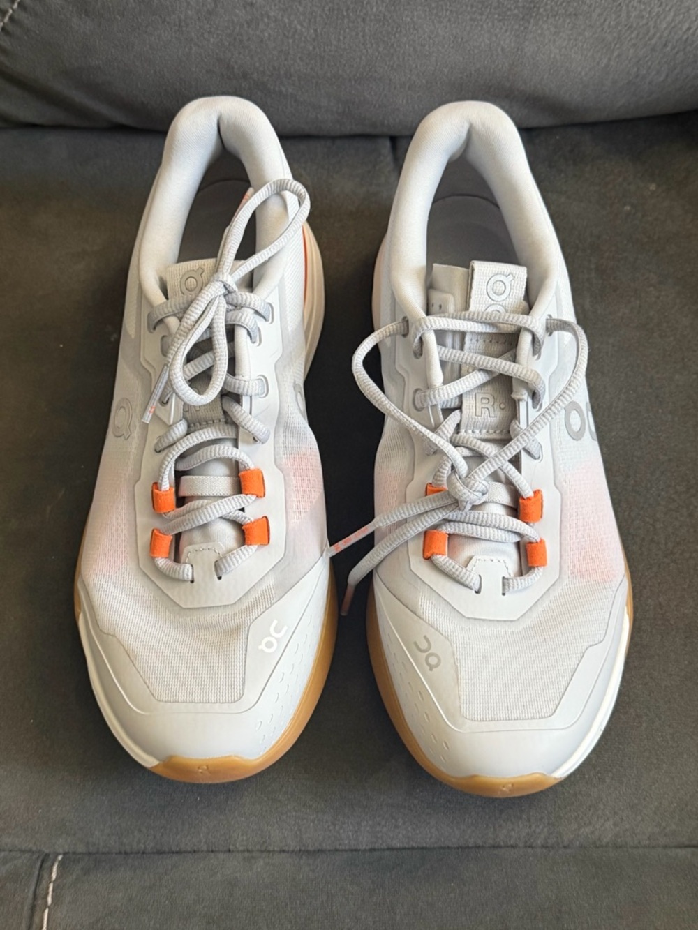 On Running Light Gray Sneakers with Orange Logo Accent Man 8.5 or Women shoes 10
